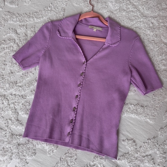 Maje Tops - Maje Paris Women's Purple Lavender Button-Down Ribbed Polo Top